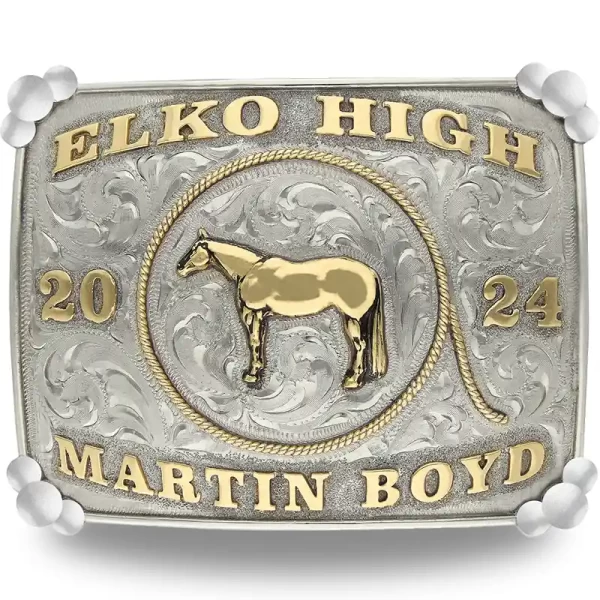 Show off your school spirit with the New Braunfels Belt Buckle! Featuring a stunning German Silver base, adorned with three silver beads at each corner and a single silver rope border. Personalize it with a stunning western figure or custom logo!